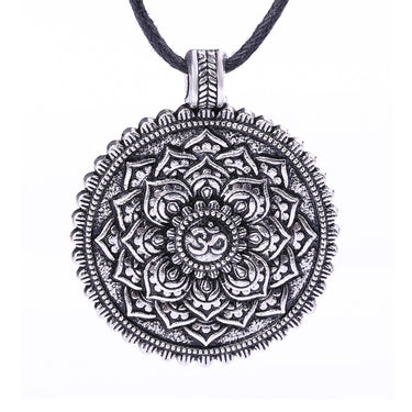 Tibetan Antique Silver Om Lotus Mandala Necklace